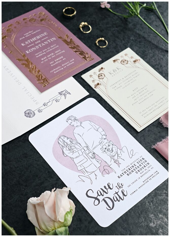 Elegant wedding invitations with floral design.