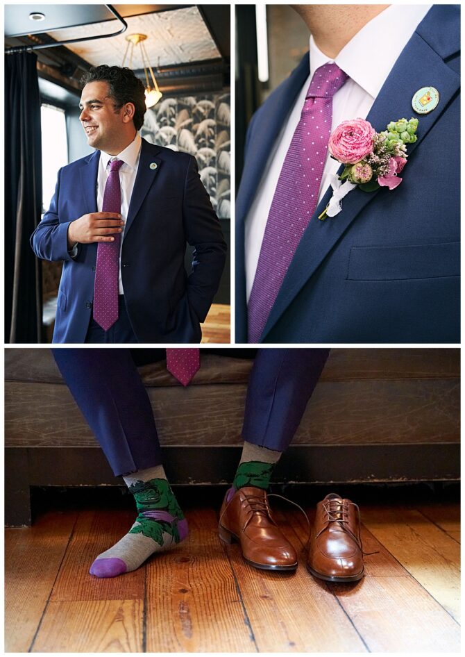 Man in suit with floral boutonnière and fun socks.