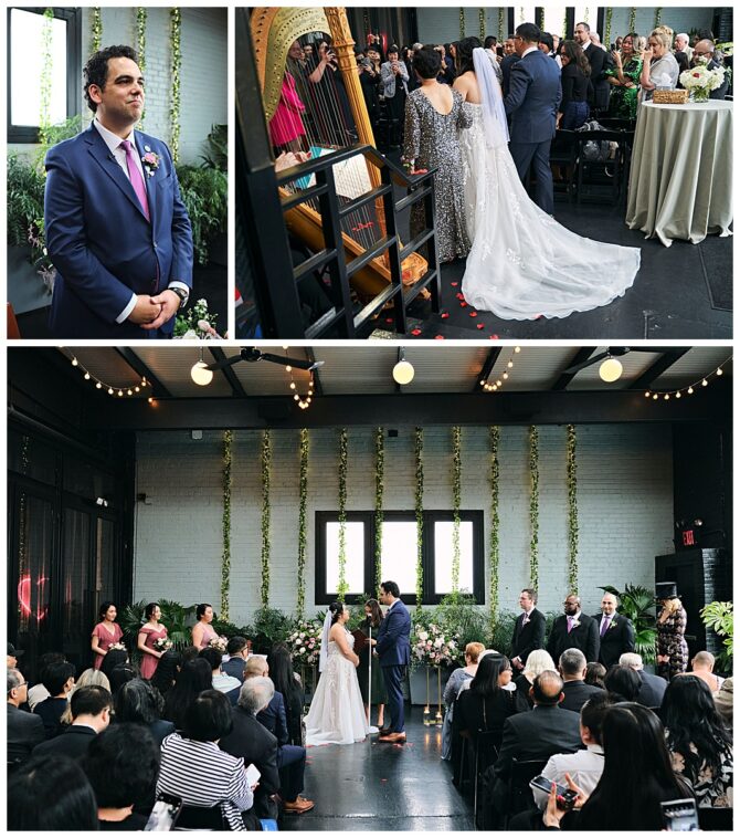 Couple getting married at indoor wedding ceremony.