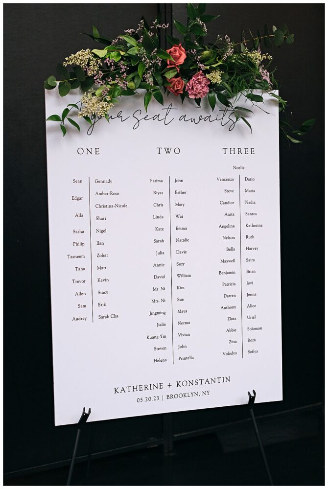 Floral wedding seating chart with guest names.