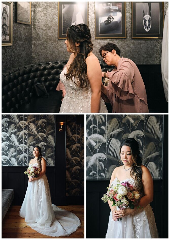 Bride getting ready in elegant wedding dress, flowers.