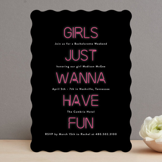 Bachelorette weekend invitation with neon pink text.