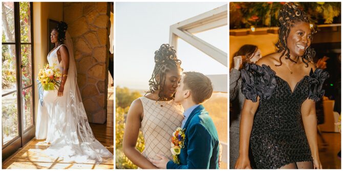 Bride posing, kissing partner, and smiling at reception.