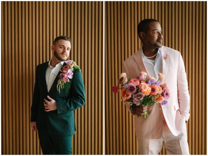 Two men in suits with floral arrangements.