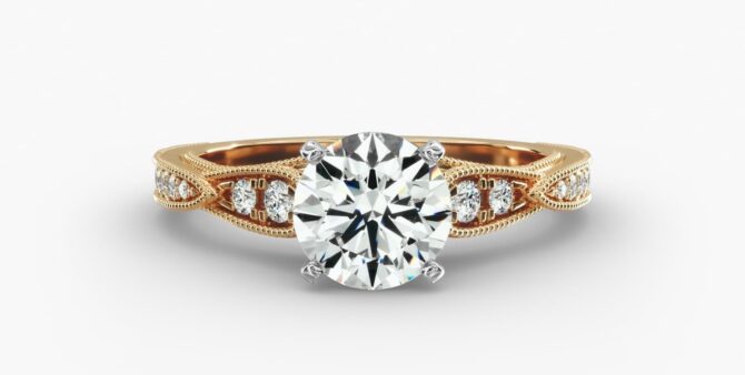 Gold ring with large diamond centerpiece.