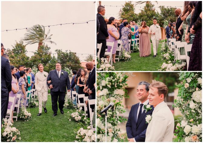 Outdoor wedding ceremony with grooms walking down aisle.