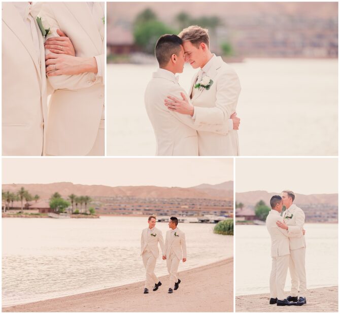 Same-sex couple in white suits on a beach wedding