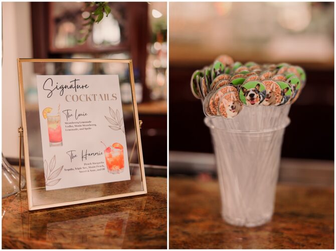 Signature cocktails menu and dog-themed drink stirrers.