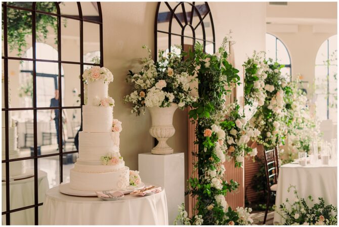 Elegant wedding cake and floral decor