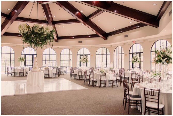 Elegant wedding reception venue with floral decor.