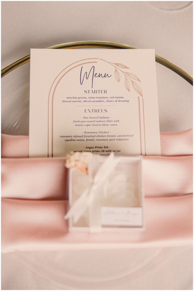 Elegant wedding menu with starter and entree options.