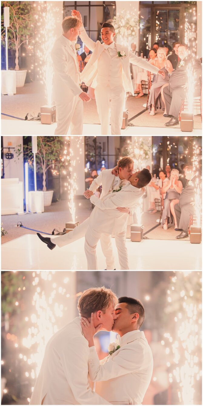 Couple dancing at wedding with sparklers.