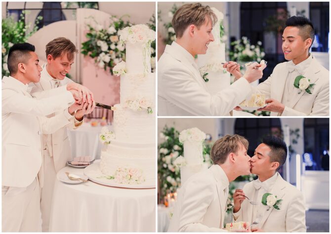 Couple cutting and enjoying wedding cake together.