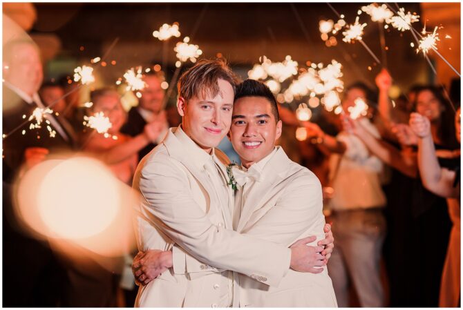 Couple celebrating wedding with sparklers and joy.