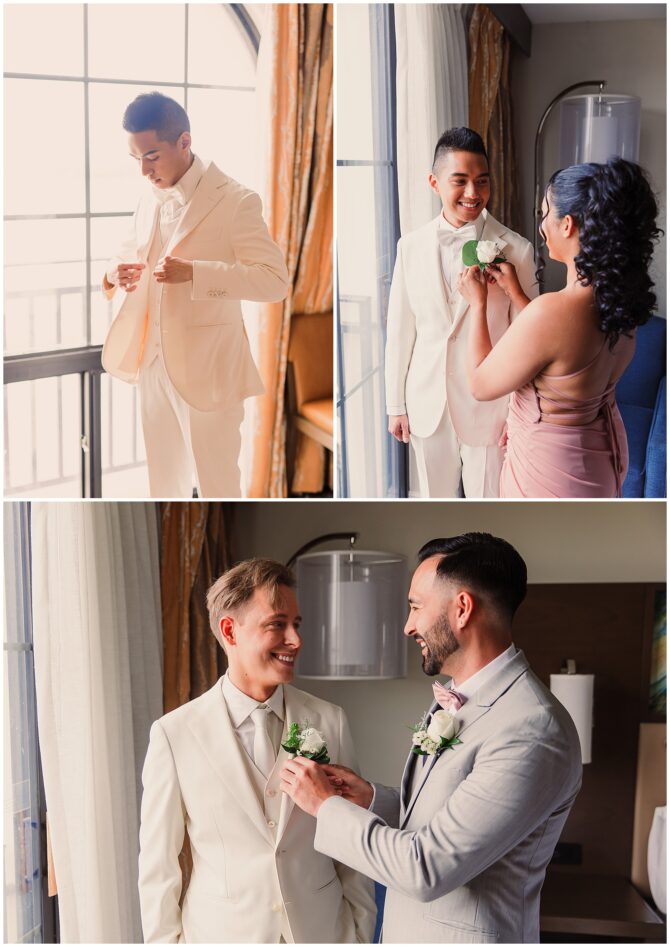 Wedding preparations with men in suits and boutonnieres.