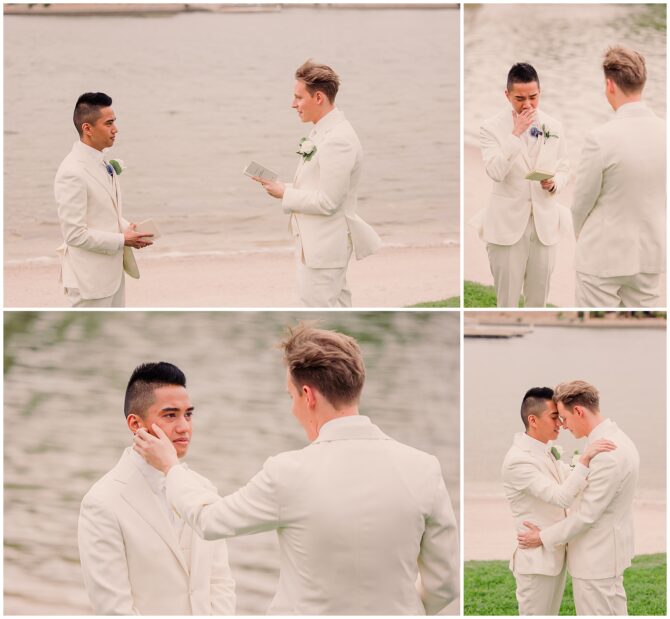Two grooms exchange vows by the lake.