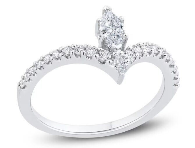 Diamond engagement ring with marquise center stone.