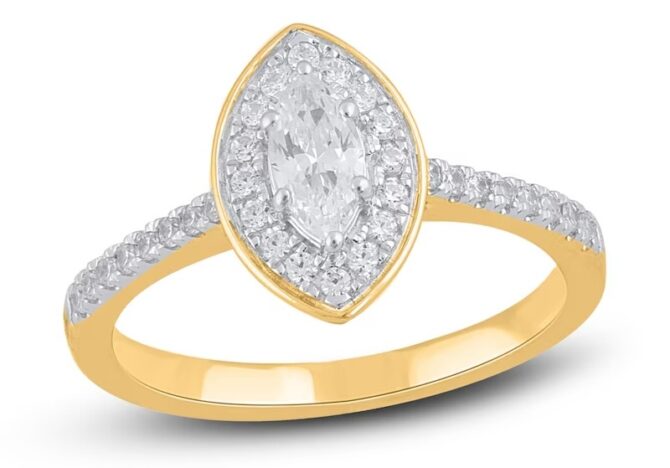 Gold ring with marquise diamond center