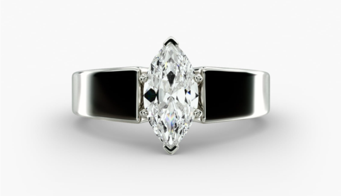 Marquise diamond silver ring with black accents.
